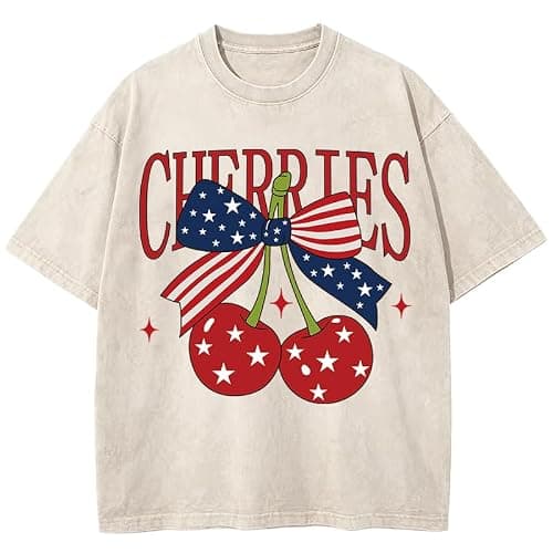 Women's Oversized Graphic T Shirts American Flag Shirt Cherry Washed Vintage Streetwear Baggy Cotton Tops(Apricot-XXL) - Image 1