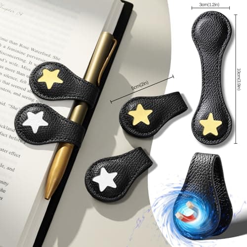 2Pcs Magnetic Leather Bookmarks with Gift Box, Magnetic Pen Holder Book Marks Clip Gift for Book Lover Readers Men Women Teachers Students, Star (Black+Black) - Thumbnail 4