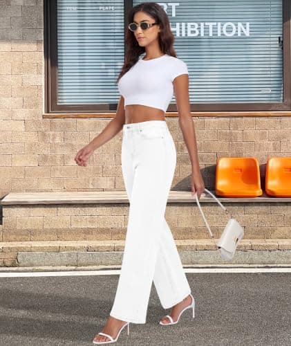 MARIASHA Jeans for Women New Flared Leg Stretch High Wasited Printed Pocket Pants White L - Thumbnail 3