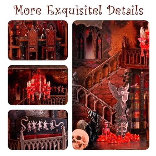 Joibabe Haunted Manor DIY Miniature House Kit with LED Lights - Gothic Book Nook Decor, 3D Wooden Puzzle for Adults, Halloween Home Decoration (AAA Batteries Not Included) - Thumbnail 6