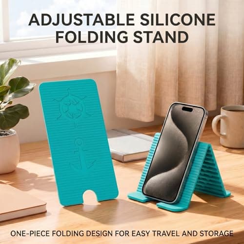 Adjustable Foldable Silicone Phone Stand 2-Pack, Cyan Blue, with Charging Port, Non-Slip Desk Holder for iPhone, Samsung, Tablets - Thumbnail 6