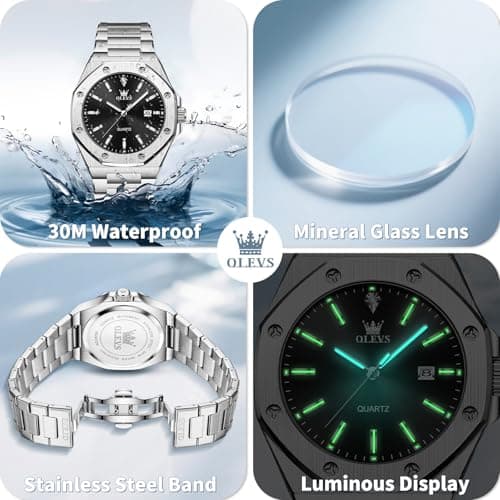 OLEVS Black and Silver Watches for Men Luxury Stainless Steel Dress Mens Silver Watch with Black Face Minimalist Casual Large Dial Man Wrist Watches with Date Reloj De Hombre - Thumbnail 5