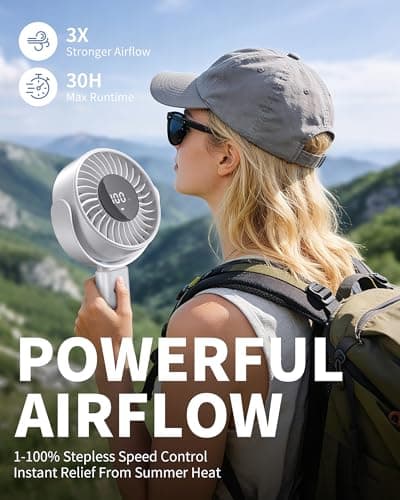 KinYiLO 6 Inch Large Handheld Fan, 6000mAh Portable Fan with 100 Speed Levels, Strong Airflow Personal Fan, 5-30 Hours Working Time, 135° Foldable Hand Fan for Travel Camping Outdoor Office (White) - Thumbnail 3