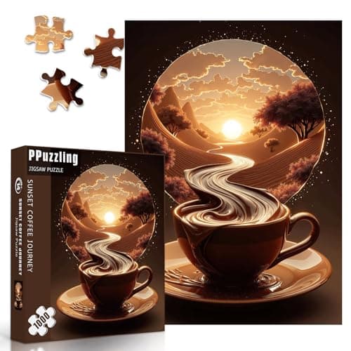 Sunset Coffee Puzzles for Adults 1000 Pieces, Fantasy River Nature Landscape Art Jigsaw Puzzle, Challenging Aesthetic Coffee Cup Puzzle for Home Wall Decor - Thumbnail 2