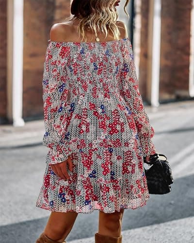 BTFBM Womens Long Sleeve Dress Summer Vacation Square Neck Smocked Floral Mini Boho Fall Wedding Guest Dresses 2026(Print Flower Red, Large) - Thumbnail 5