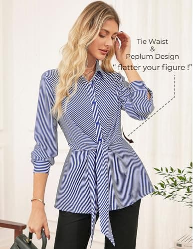GRACE KARIN Peplum Tops for Women Tie Front Striped Button Down Shirt Collared Long Sleeve Business Casual Work Office Blouse Blue - Thumbnail 4