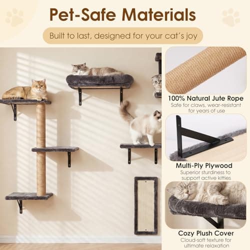 Cat Wall Shelves 5-in-1 Cat Wall Furniture Set for Large Cats, Floating Wall Mounted Cat Climber with Steps, Condo, Scratch Pad and Scratching Post, Space Saving Cat Shelves for Indoor Cats - Thumbnail 6