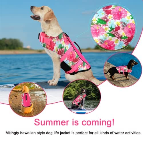 Mklhgty Dog Life Jacket, Reflective & Adjustable, Hawaiian Style, for Small Medium Large Dogs, Polyester & Cotton, Floral Pink, L - Thumbnail 6