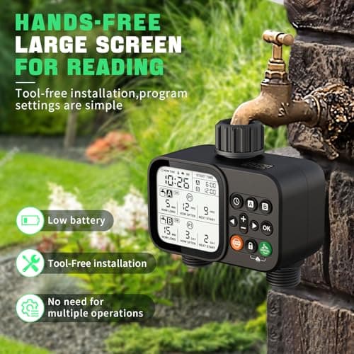 Sprinkler Timer for Garden Hose, 2 Zone Water Timer with with Auto Rain Delay, IP54 Waterproof 3.3“ Large LCD Drip Irrigation System Timers for Plant, Yard, Lawns, Outdoor - Thumbnail 4
