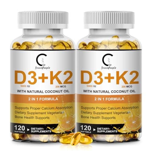Vitamin D3 K2 Supplement with Vitamin D3 5000 IU, 200 mcg Vitamin K2 MK-7 & Natural Coconut Oil, Plant Based 2-1 Formula for Bone, Teeth, Muscle and Immune Health Support (120 Count (Pack of 2)) - Image 1