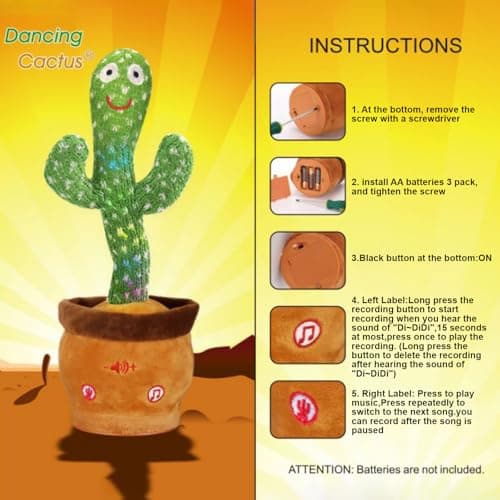 Dancing Talking Cactus Toy for Baby Boys Girls Toys, Adjustable Volume Dancing Cactus Toy Singing Mimicking Recording Repeating What You Say with LED English Sing Talking 15 Second Voice Recorder - Thumbnail 3
