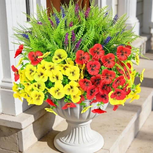 ICX 20PCS Artificial Flowers for Outdoors, 8 Bundles Artificial Pansies with Eucalyptus, 12 Bundles Lavenders & Ferns, Outdoor Flowers UV Resistant for Porch, Garden, Window Box, Hanging Basket Decor - Image 1