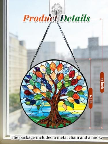 Stained Glass Window Hanging, Colorful Tree of Life Suncatcher for Door Home Decor, Glass Panel Sunrise Sun Catcher Ornament Mother's Day Birthday Gifts for Women Men Mom 6.3 in - Thumbnail 5
