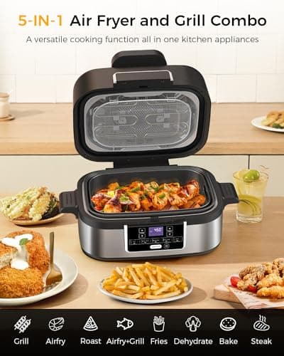Joy Pebble Indoor Grill with Air Fry, 5-IN-1 Electric Smart Air Fryer Grill Combo, Stainless Steel with Air Grill, Air Fryer, Roast, Bake, Dehydrate, Beef & Fries, 5QT Large Capacity Smokeless, Black - Thumbnail 2