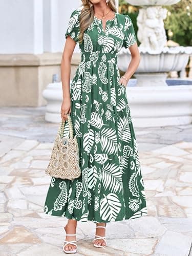 BTFBM Womens Summer Floral Maxi Dresses V Neck Short Sleeve Boho Casual Flowy Long Wedding Guest Dress Beach Vacation(Floral Green White, Medium) - Thumbnail 5