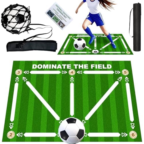 ECENUR Football Footstep Training Mat, Soccer Training Mat 35 * 24IN, Soccer Skills Training Equipment with Storage Bag and Soccer Return Trainer Net (Green-White) - Image 1
