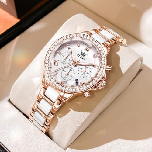 OLEVS Women's Rose Gold Watch Waterproof Ceramic Stainless Steel Band Luxury White Mother of Pearl Dial Chronograph Elegant Ladies Watches Quartz Diamond Accents Luminous Dress Watch Gift for Women - Thumbnail 2