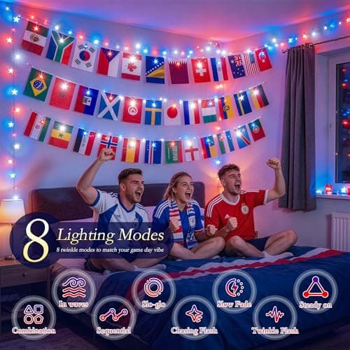 Soagrc 2026 World Cup String Lights Outdoor, 49FT 75 LED Red White Blue Stars Patriotic String Lights Indoor with 48 Country Flags USB Powered for World Cup Party, Independence Day, Sports Events, Bar - Thumbnail 4