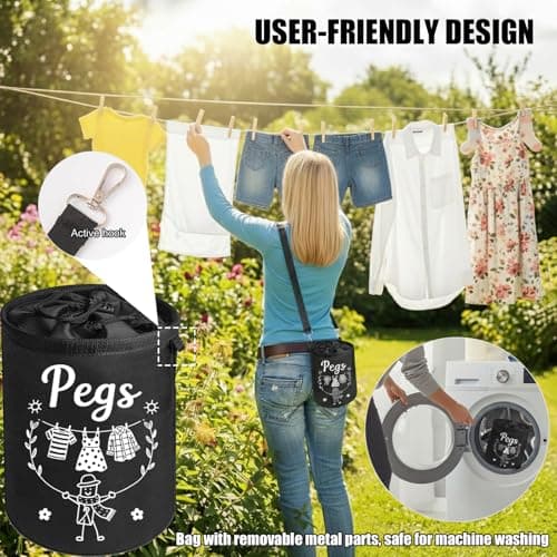 Clothes Pin Hanging Bag Outside with Hooks, Closing Cord and Shoulder Strap, Waterproof Clothespin Bag Holder Multiple Hanging Methods for Clothesline Laundry Peg Clip Organizer Outdoor Storage Use - Thumbnail 5
