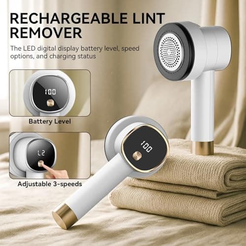 Smyeviva Rechargeable Fabric Shaver for Clothes: 6-Leaf Blades & 3 Speeds to Remove Pilling, Fuzz & Lint Balls - with LED Display, Portable Electric Lint Remover for Sweater, Couch, Blanket, Furniture - Thumbnail 4