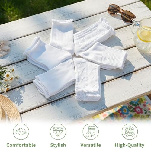 FunisFun 6 Pairs Womens Summer Socks, White Crew Thin Ankle Socks for Women Girls Daily Wear Casual Dress (US, Alpha, One Size, Regular, Regular, White-6Pairs) - Thumbnail 5