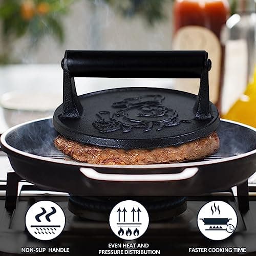 COOKWIN 6" Cast Iron Smashed Burger Press Kit, Heavy-Duty Hamburger Smasher with Non-Slip Handles and 50 pcs Patty Paper, Bacon Meat Weight Press for Steak, Smashburger, Grill and BBQs - Thumbnail 4