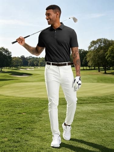 JEMLDL Men's Jacquard Polo Wrinkle Free Stretch Business Golf Polo Shirts Collared Short Sleeve Moisture Wicking Shirts Black L - Thumbnail 3
