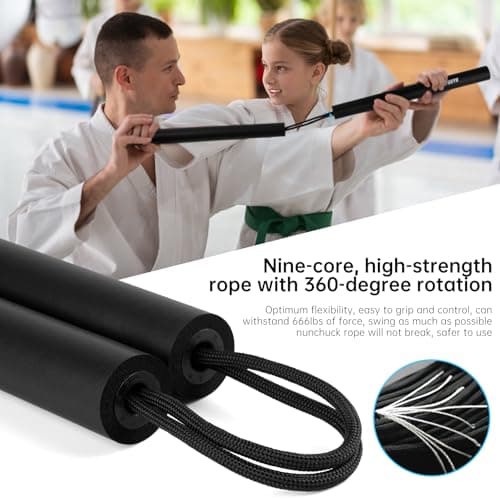 MOXIISTR Safe Foam Rubber Cord Nunchakus Karate Upgraded for Beginners Practice and Training 2 Pack (Long Black-Short Green) - Thumbnail 2