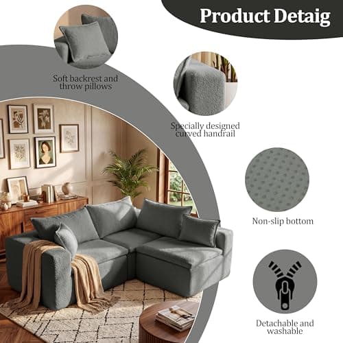 105" Modular Sectional Sofa, Cloud Boneless Couch with Layered Cushion, 3 Seaters Flexible Module Sofa Convertible L Shaped Couches Combination for Living Room and Office(Gray, 105" 3 Seaters) - Thumbnail 5