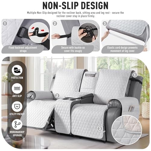 TAOCOCO 100% Waterproof Loveseat Recliner Covers with Console, Non Slip Recliner Covers that Stay in Place, Split Seat Design Washable Reclining Loveseat Cover with Elastic Straps, Off White - Thumbnail 5