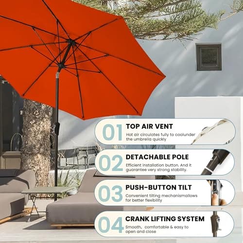 GREFORG 9FT Large Outdoor Patio Umbrella Pool Market Umbrella-UV Resistant, Easy Push Button Tilt and Crank, 8 Sturdy Ribs Heavy-Duty Table Umbrella for Deck, Backyard, Garden(Orange) - Thumbnail 6