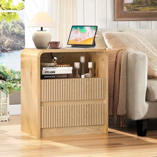 Modern Fluted Nightstand with Charging Station, 25 Inch Tall Bedside Table with 2 Drawers | Fluted Wood Design, USB Ports & AC Outlets | Sturdy Wooden End Table for Bedroom, Living Room (Nature Wood) - Thumbnail 3