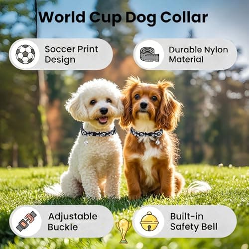 World Cup Dog Collar, Soccer Print Dog Collars for Puppy Small Medium Large Dogs with Bell for Female/Male Girl/Boy Dogs (Black, M for Medium Dog Collar) - Thumbnail 2