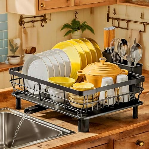 MOUKABAL Dish Drying Rack, Dish Rack, Stainless Steel Dish Racks for Kitchen Counter, Dish Drainer with Removable Utensil Holder, Drainboard (Black,13''W x 17''L) - Image 1
