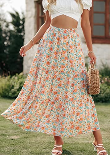 KIRUNDO Women 2026 Spring Summer High Waist Boho Floral Maxi Skirt Trendy Casual Flowy Swing Pleated A Line Beach Long Skirts(Green, Medium) - Thumbnail 3