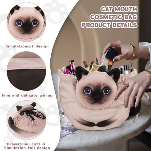 Openhahaha Drawstring Makeup Bag - Travel Organizer, Cosmetic Pouch, Cat Gift for Women, Lay Flat Bag for Cat Lovers - Thumbnail 3