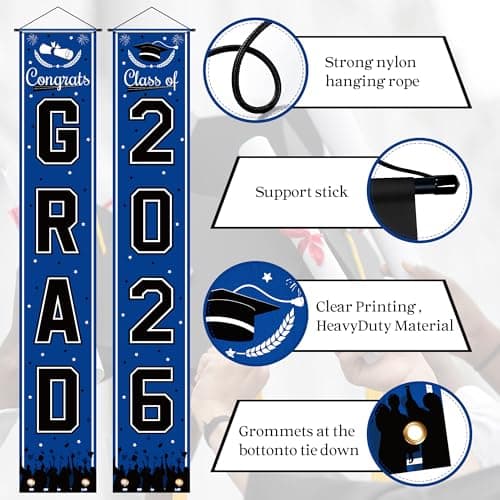 OHOME Graduation Decorations 2026 - Blue Congrats Grad Porch Banner for Graduation Party Decorations - Class of 2026 - Party Favors Supplies Backdrop Yard Signs Decor - Thumbnail 3