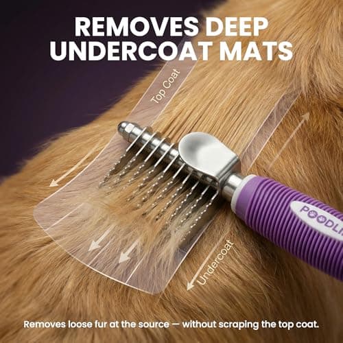 Poodle Dematting Fur Rake Comb Brush for Dogs and Cats - Long 2.5" Steel Safety Blades Metal Comb for Detangling Matted or Knotted Undercoat Hair - Thumbnail 2