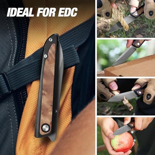 FLISSA Pocket Knife, Folding Knife with D2 Steel Blade, Liner Lock, Aluminum Alloy & Wooden Handle, Ball Bearing and Pocket Clip for EDC, Camping, Hiking, Outdoor Activities - Thumbnail 6