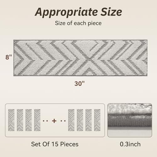 PADOOR Stair Treads Non Slip 15 PCS, 3D Peel and Stick Stair Treads for Wooden Steps Indoor, Residue-Free Adhesive Stair Runner for Kids, Elders & Pets, Washable Carpet for Stairs,8"x30",Grey - Thumbnail 2