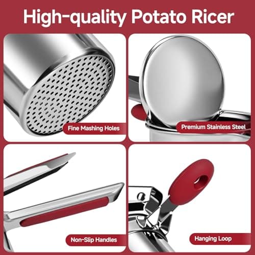 Potato Ricer for Mashed Potatoes-Stainless Steel 15oz Large Capacity,All Clad,Heavy Duty,Ergonomic Handle for Spaetzle,Oranges, Lemons, Pumpkins, Carrots, Avocados(RED) - Thumbnail 6