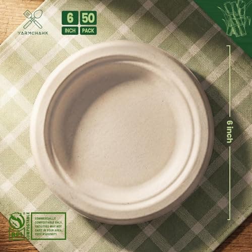 Yarmchahk Disposable Paper Plates, 6 inch Heavy Duty Paper Plate, Soak and Cut Proof, Natural Biodegradable Bagasse Plates for Microwave, Dinner, Party, Picnic,50 Pack - Thumbnail 5