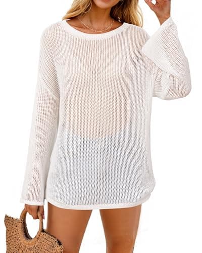 Arach&Cloz 2025 Women's Lyocell Linen Summer Fall Lightweight Oversized Swimsuit Cover Up Off Shoulder Crochet Tops Long Sleeve Boat Neck Shirts Loose Beach Vacation Outfits Casual Cute White XXL