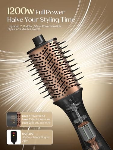 PRITECH One-Step Volumizer Hair Dryer Brush, 1200W Ionic Hot Air Styler, Anti-Frizz Blowout for Daily Drying Straightening Shiny Hair, All Hair Types & Lengths(Black Gold) - Thumbnail 3