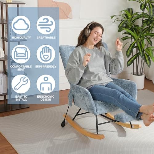 Chistronger Rocking Chair Nursery with Airbag, Comfy Modern Nursery Rocking Reading Chair Indoor with Footrest, Cozy Upholstered Glider Rocker Chairs for Living Room Bedroom Offices(Chenille, Blue) - Thumbnail 4