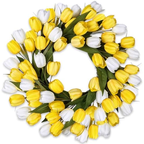 24 Inch Tulip Summer Wreath for Front Door Spring Silk Wreath with Green Leaves Artificial Tulip Flower Wreaths for All Seasons Farmhouse Porch Wall Living Room Home Widding Decor-Yellow - Image 1