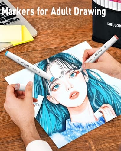 WELLOKB Alcohol Markers Set, 80 colors Alcohol Based Dual Tip, Brush and Fine Tip for Adult Coloring Books, Drawing, Sketching - Thumbnail 4