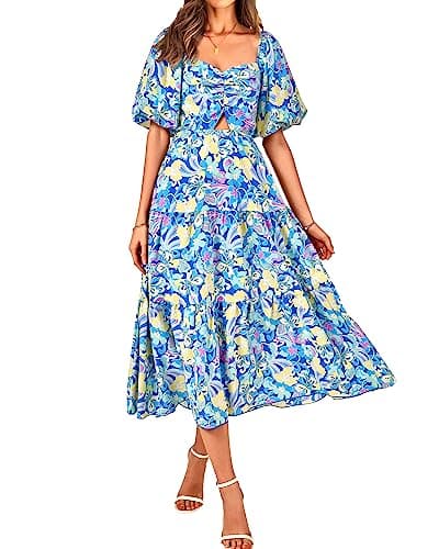 BTFBM Summer Dresses for Women 2026 Spring Outfits Beach Vacation Short Sleeve Smocked Boho Casual Floral Maxi Dress(Print Blue, Medium) - Image 1