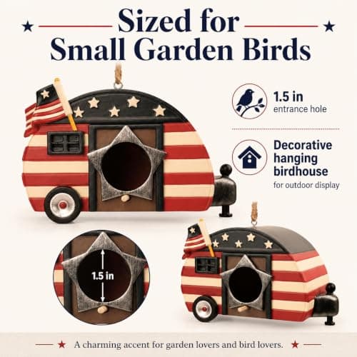 Hanging Bird House for Outside, Hand-Painted Patriotic Camper Birdhouse, Resin American Flag Bird House with Cleaning Plug, Outdoor Garden Decor for Yard, Patio, Porch, Tree, Gift for Bird Lovers - Thumbnail 2