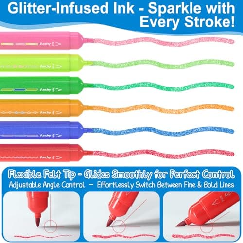 AECHY Dual Tip Glitter Highlighters Set, 6 Colors-Changing Fun Line Style Pens for Writing, Drawing, Sparkle Markers Ideal for Students, Artists, Journaling, Office & School Supplies(6 Pack) - Thumbnail 6